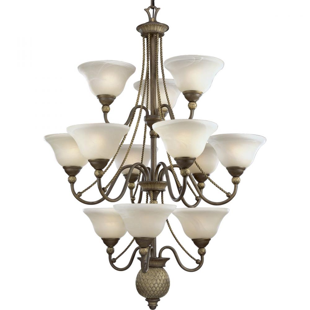 Twelve Light Burnished Chestnut Antique Alabaster Glass Up Chandelier