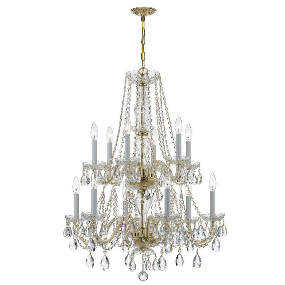 Traditional Crystal 12 Light Swarovski Strass Crystal Polished Brass Chandelier