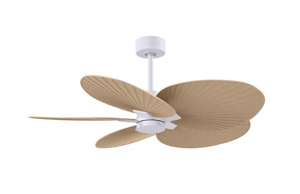 Alessandra Tropical 5-blade ceiling fan in Matte White and Light Maple Tone blades.