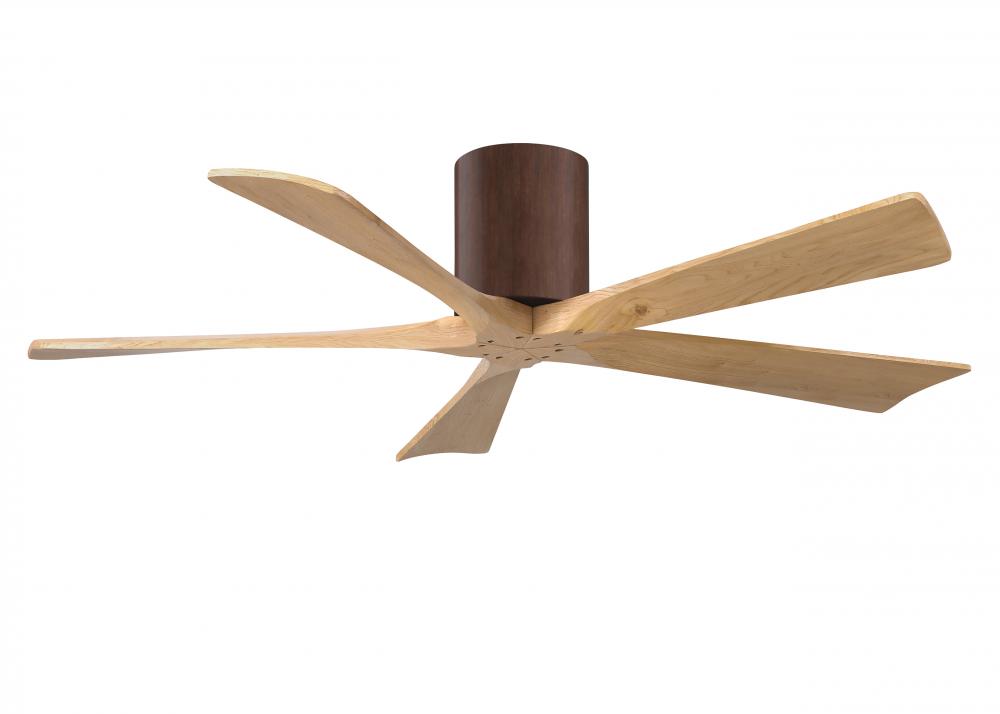 Irene-5H three-blade flush mount paddle fan in Walnut finish with 52” Light Maple tone blades. 