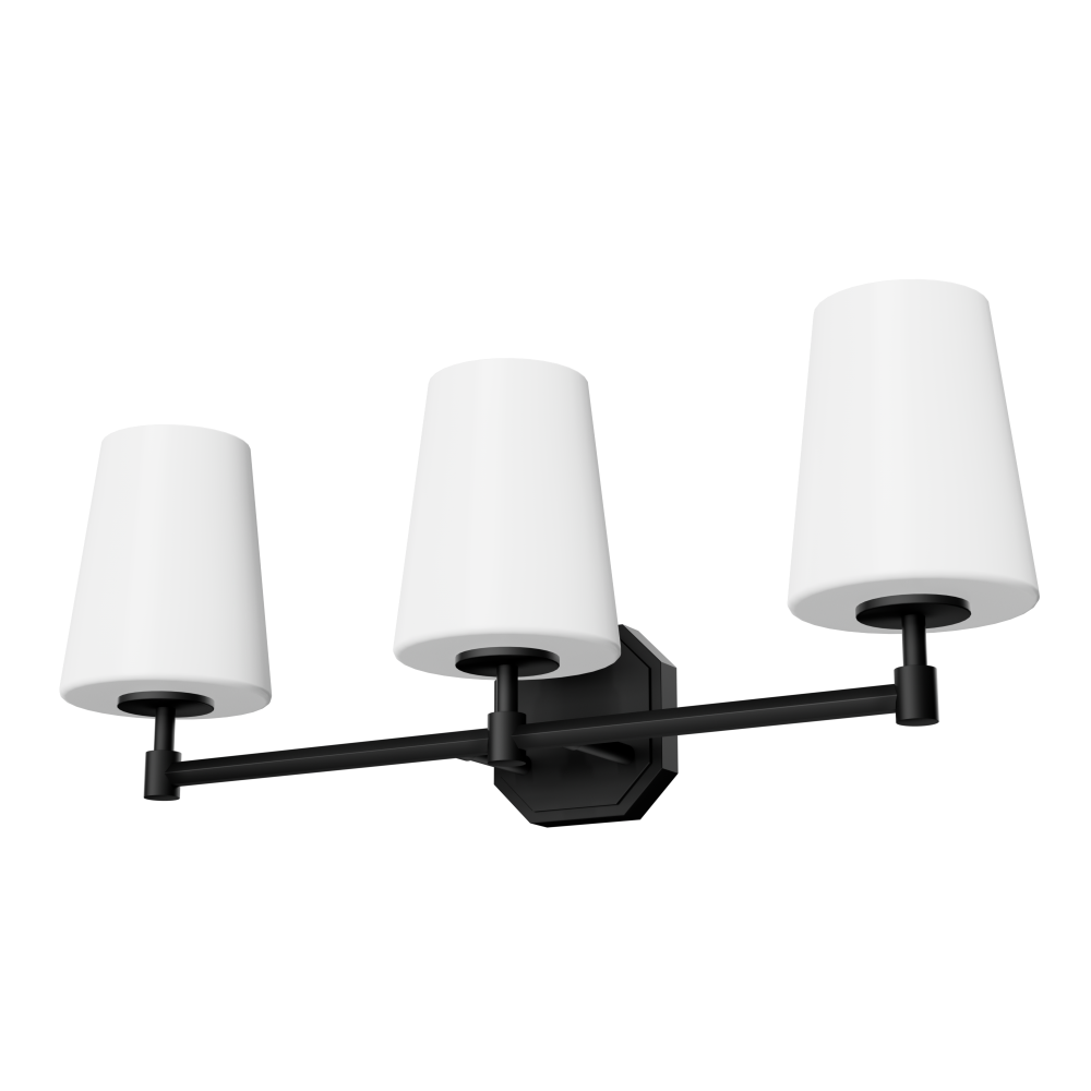 Hunter Nolita Matte Black with Cased White Glass 3 Light Bathroom Vanity Wall Light Fixture