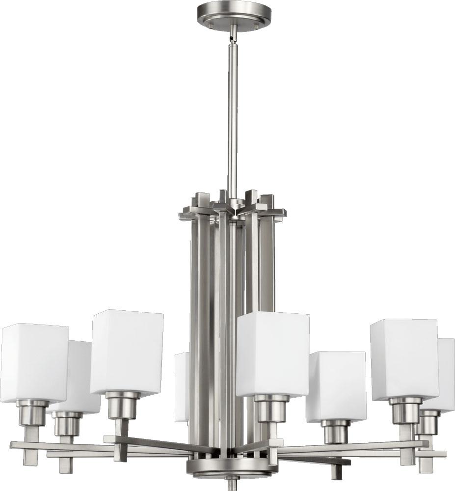 Eight Light Satin Nickel Satin Opal Glass Up Chandelier