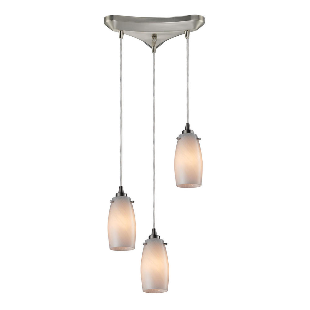 Favelita 3-Light Triangular Pendant Fixture in Satin Nickel with Off-white Swirl Glass