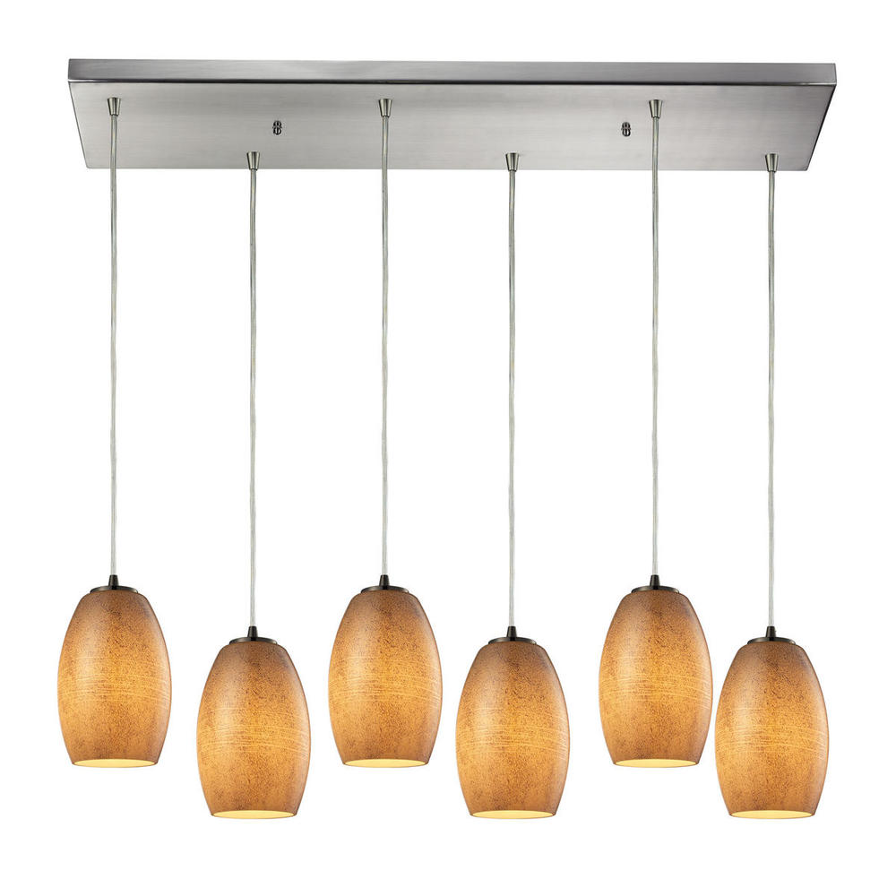 Andover 6-Light Rectangular Pendant Fixture in Satin Nickel with Textured Beige Glass